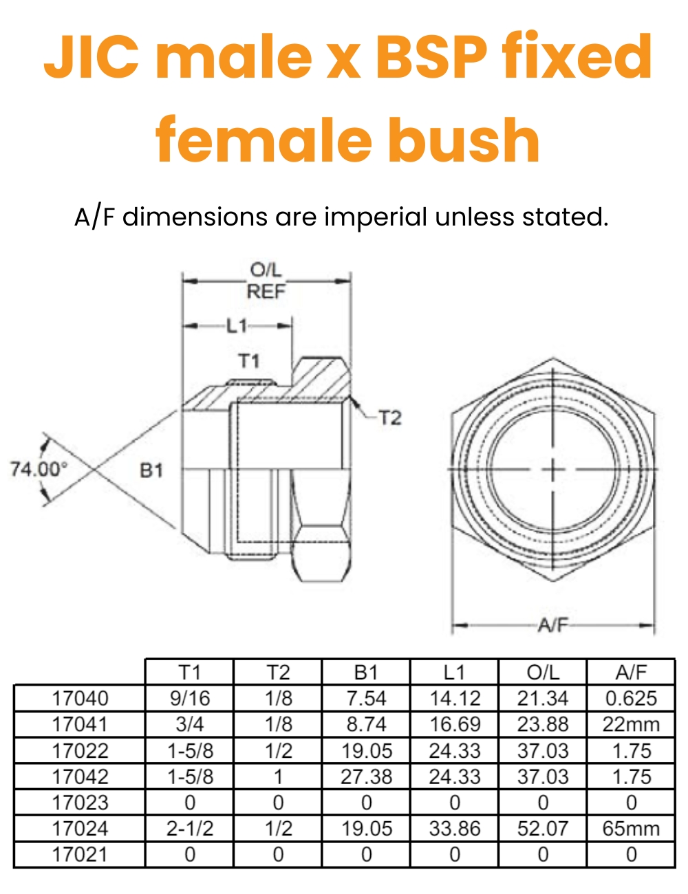 9/16 JIC x 1/8 BSP M/Fix Fem Bush Hydraulic Adaptor